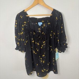 NWT CeCe Short Sleeve Black and Yellow Floral Print Blouse Size Large Tie Front